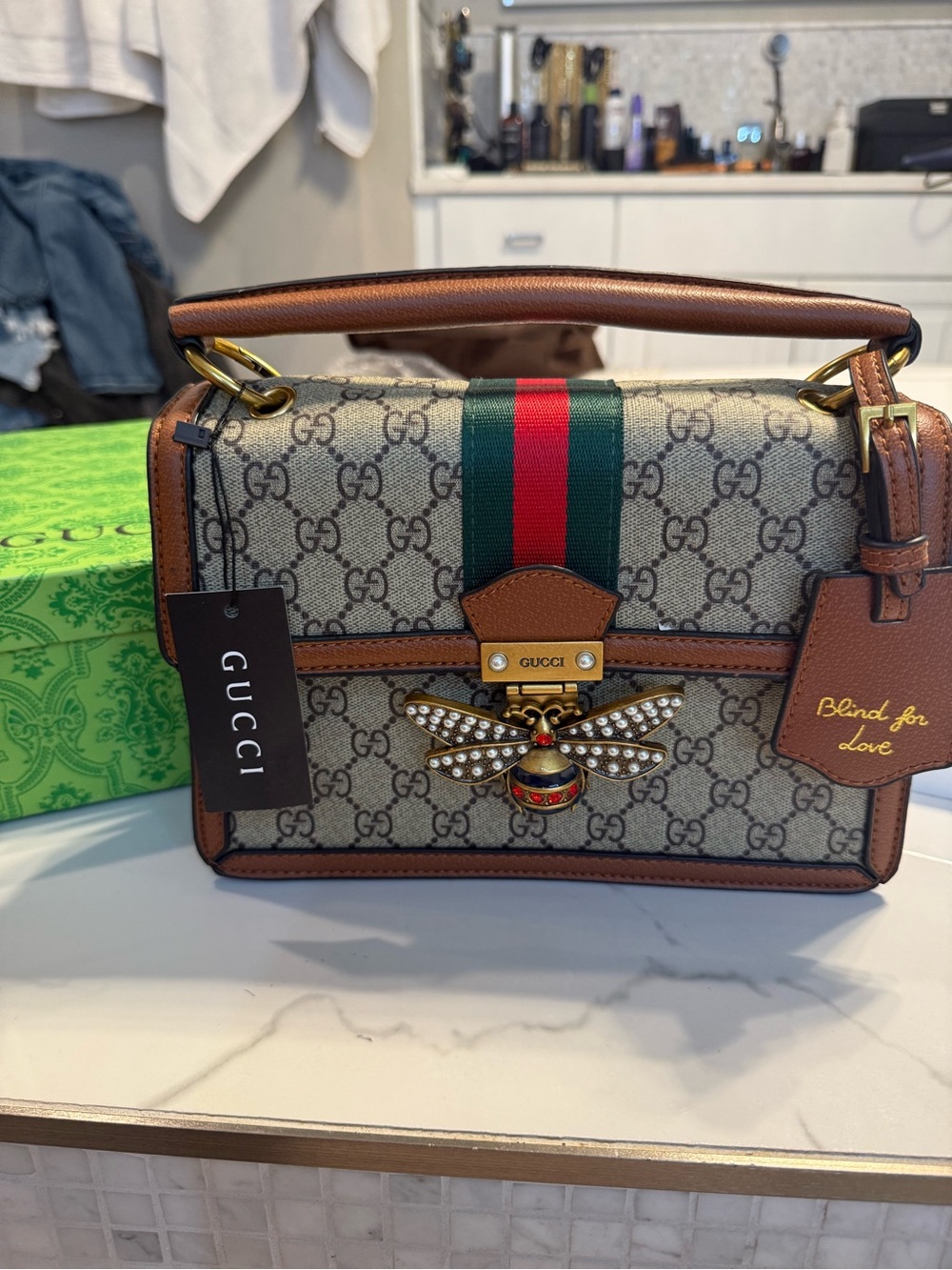 Gucci Beige GG Canvas crossbody Bag with Brown Leather and Green-Red Web